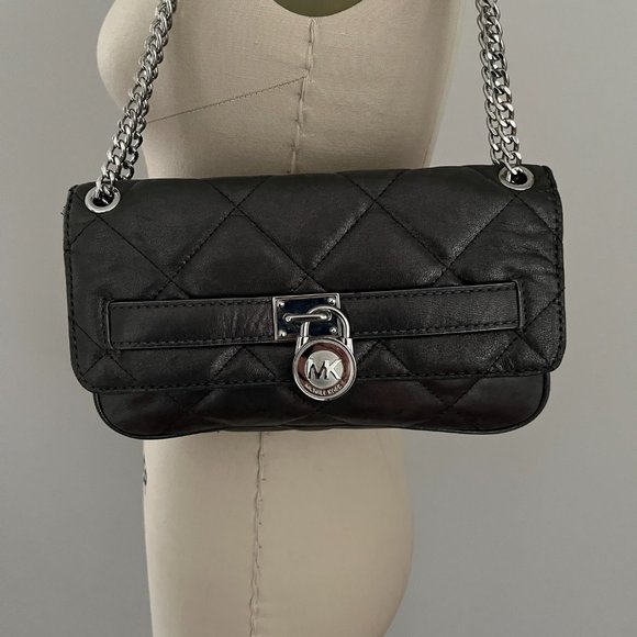 Michael Kors Hamilton Clutch Quilt Flap Shoulder Gray Gunmetal Pewter Metallic - Picture 2 of 11